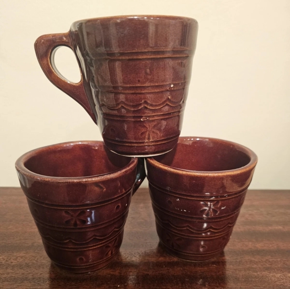 Vintage Marcrest Daisy Dot Brown Stoneware Coffee Mugs Set Of 3
